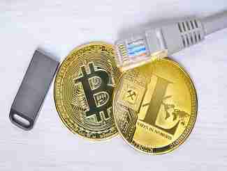 Cryptocurrency on a white background. Mining, storage and protection of digital cryptocoin.